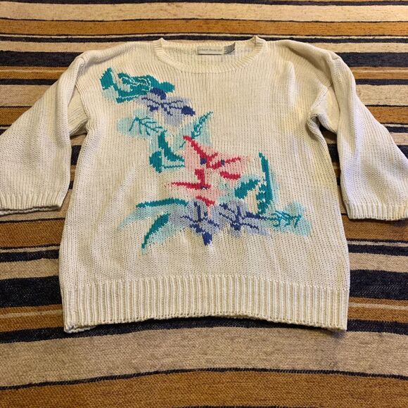 Vintage Knit Sweater Cottagecore 90s Granny Pastel Pullover Floral Small - Picture 1 of 6